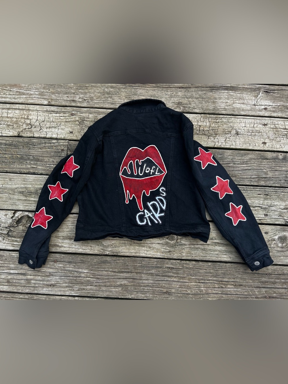 UOFL LOUISVILLE BLACK DENIM JACKET HAND PAINTED ROLLING STONE VTG LOOK LARGE